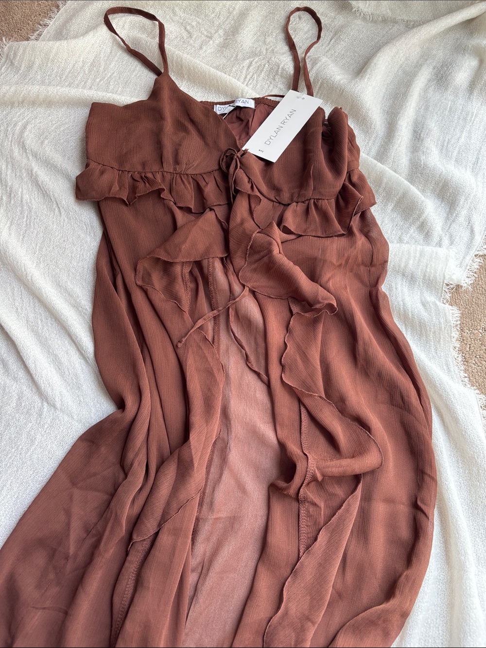 Women's Rust Ruffle Sheer Pullover - Picture 3 of 6